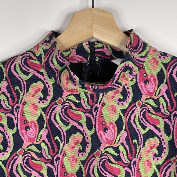 2/$30 NWT ZARA Floral Mini Shift Dress Navy Pink High Neck Short Sleeve #7305 - Picture 4 of 16